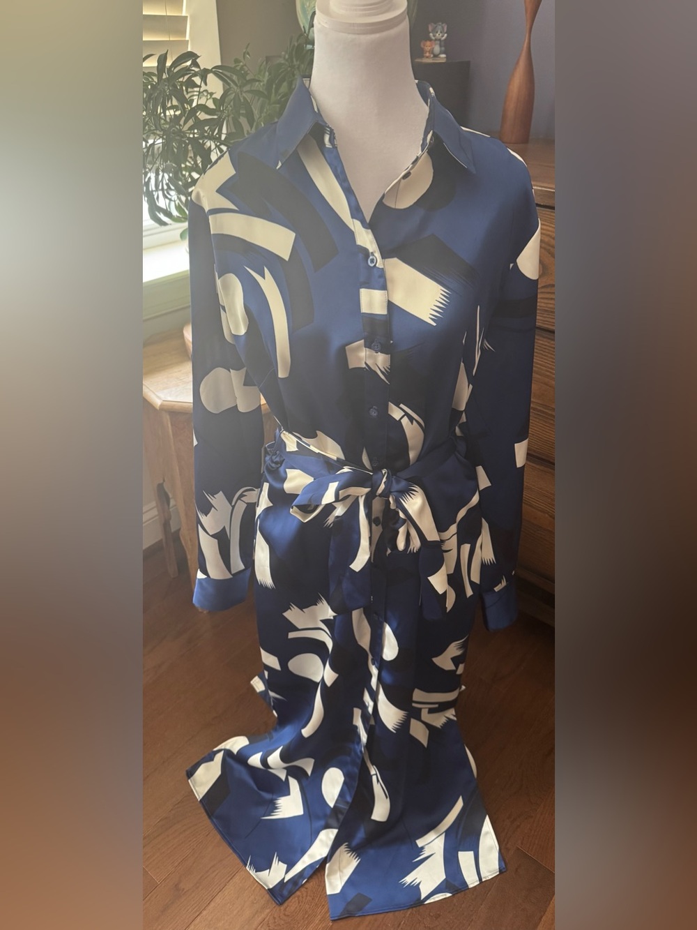 Ralph Lauren Blue and White Abstract Print Long Sleeve Shirt Dress